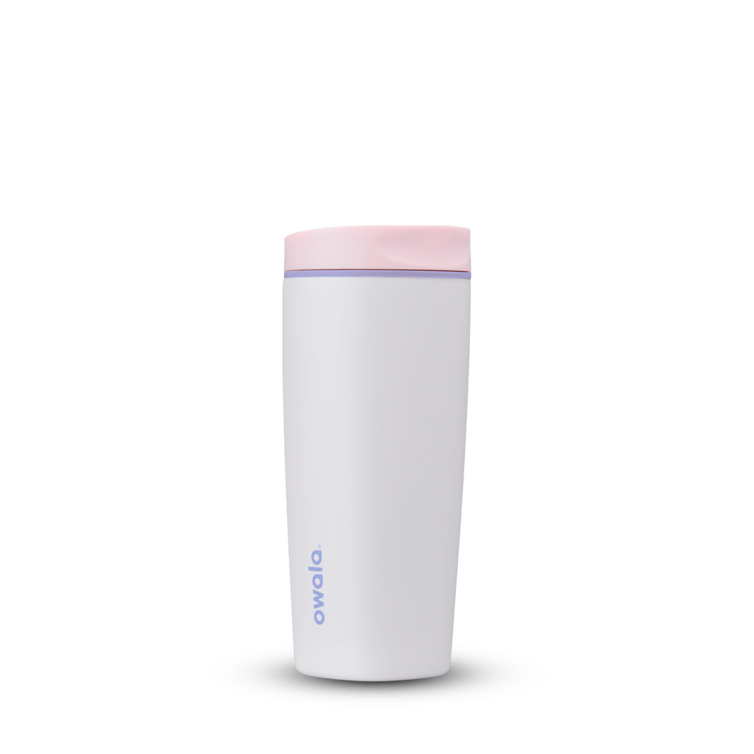 SmoothSip Slider 20oz, white body with light pink slider button, lavender accent ring, and lilac purple Owala logo