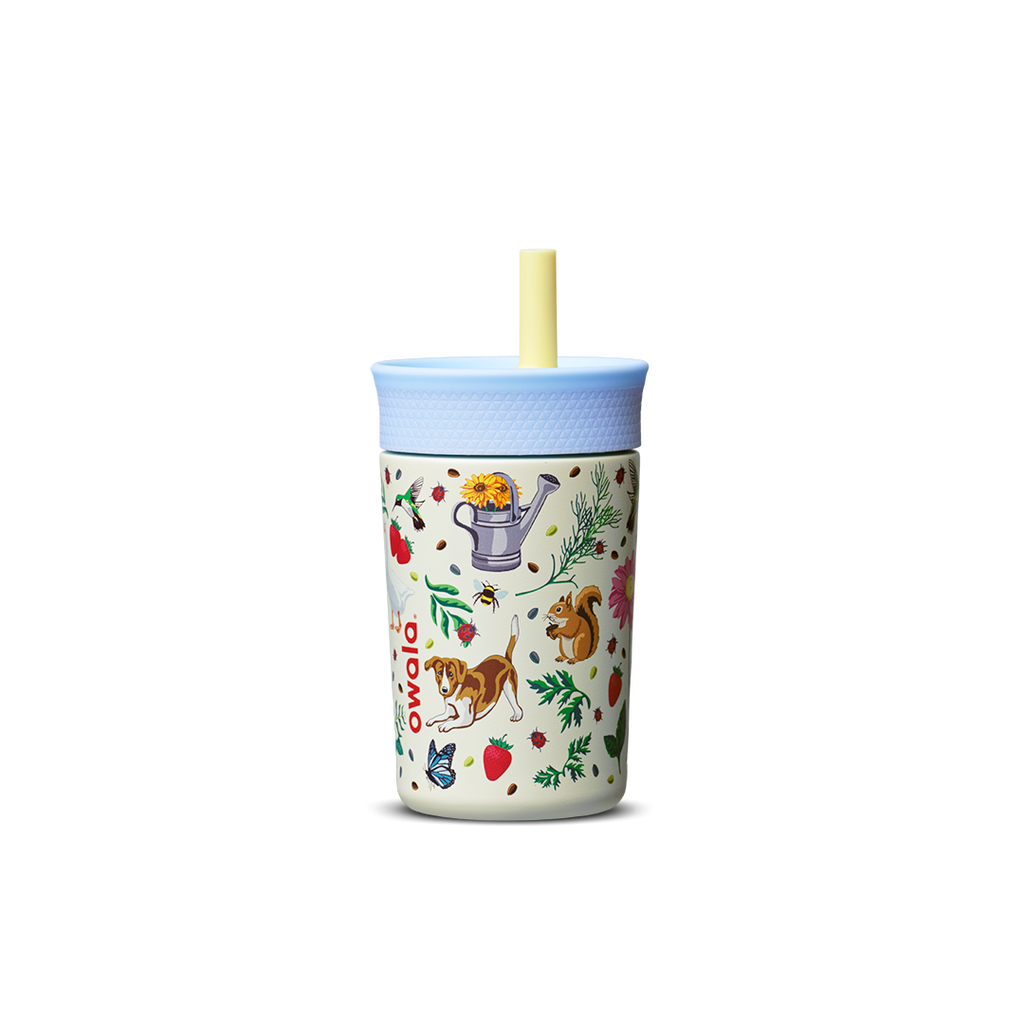 Kids' Tumbler Mother's Day Garden; cream white body with colorful garden print of flowers, strawberries, watering can, dog, squirrel, and bees, light blue lid, and yellow straw
