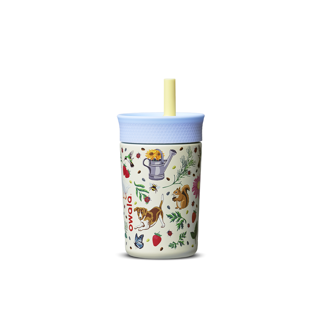 Kids' Tumbler Mother's Day Garden; cream white body with colorful garden print of flowers, strawberries, watering can, dog, squirrel, and bees, light blue lid, and yellow straw