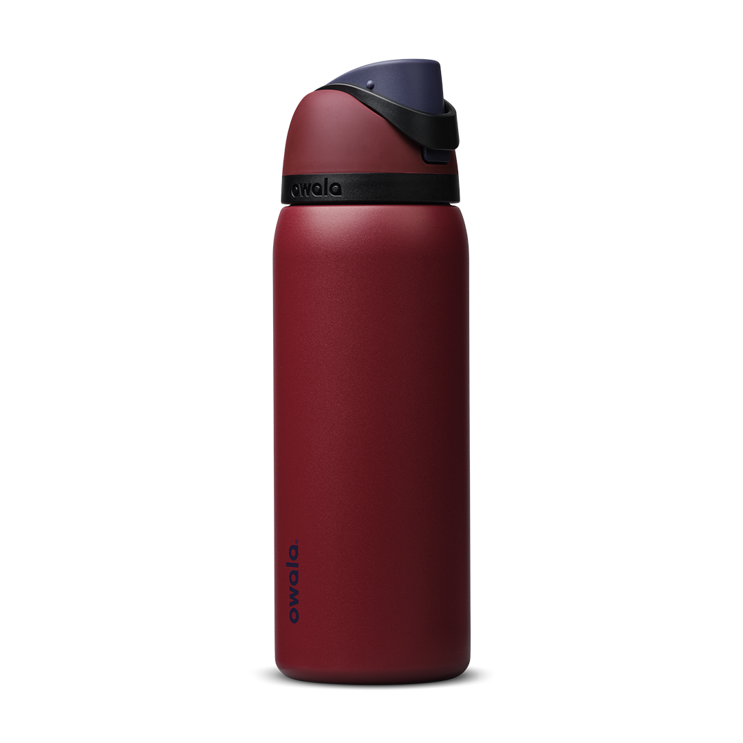 FreeSip 32oz in Burgundy Bay, deep burgundy red insulated bottle with dark navy flip cap and matching carry loop