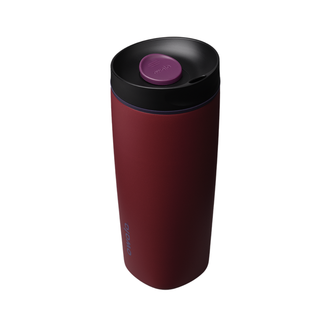 SmoothSip Slider 20oz, deep burgundy red body with black lid and purple slider button