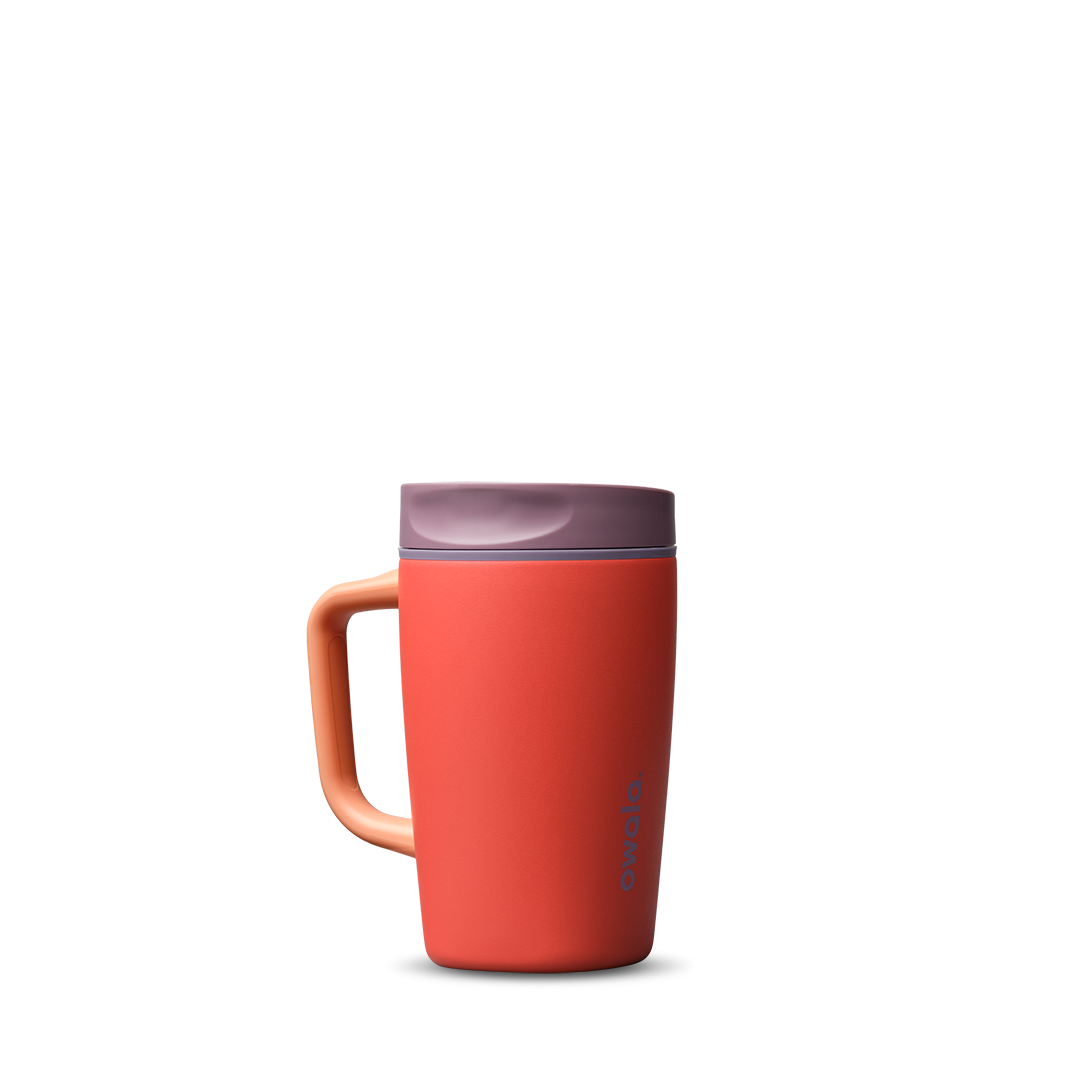 SmoothSip Slider with Handle 12oz in Terracotta Sunset, warm coral-orange body with dusty mauve slider lid and peach handle