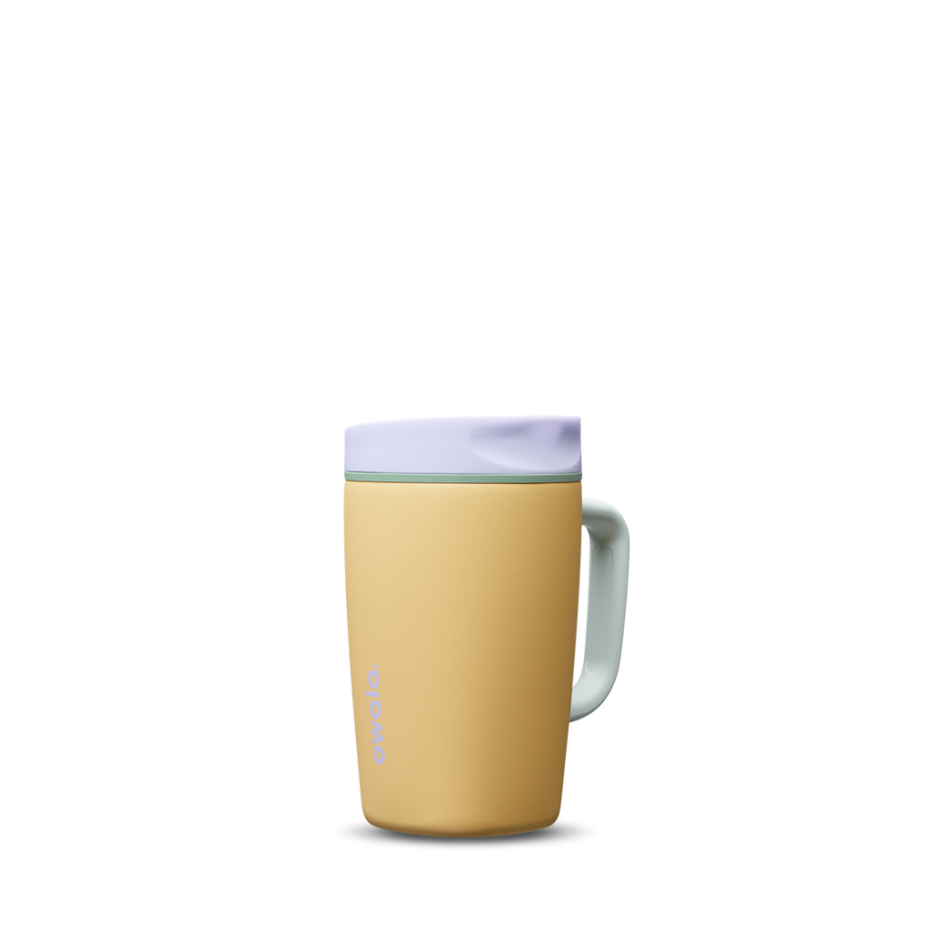 SmoothSip Slider with Handle 12oz in Beachfront, golden yellow insulated mug with lavender slider lid, mint green handle, and lavender slider button