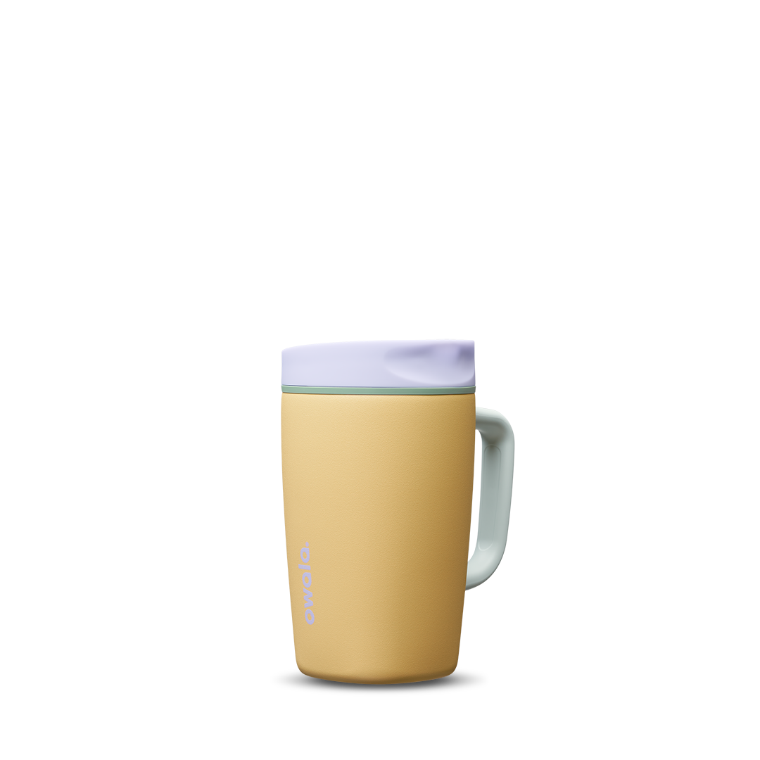 SmoothSip Slider with Handle 12oz in Beachfront, golden yellow insulated mug with lavender slider lid, mint green handle, and lavender slider button