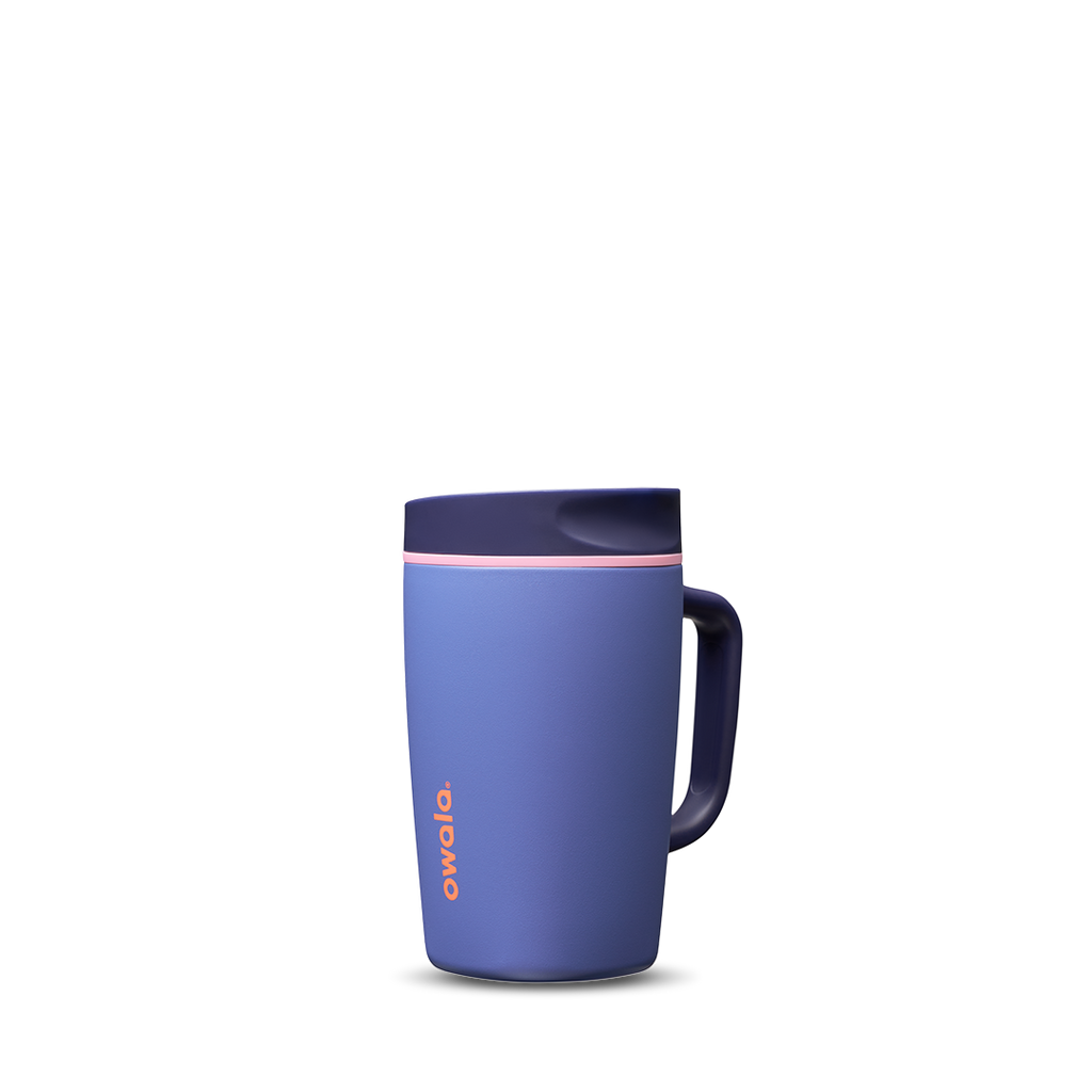SmoothSip Slider with Handle 12oz in Blue Jay, periwinkle blue body with navy slider lid, navy handle, and coral slider button