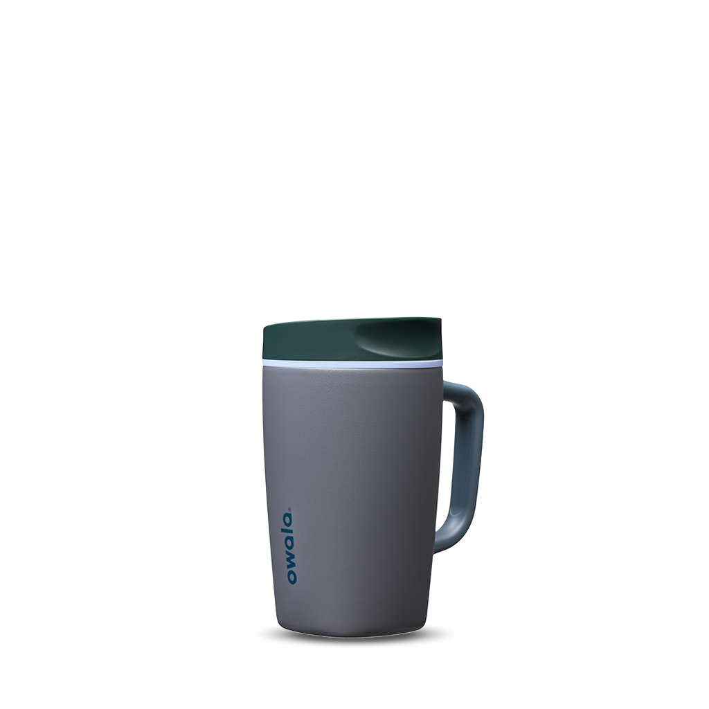 SmoothSip Slider with Handle 12oz in Off the Grid, slate gray body with forest green slider lid and gray handle