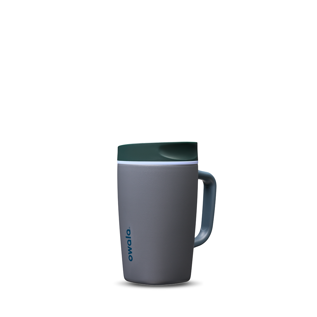 SmoothSip Slider with Handle 12oz in Off the Grid, slate gray body with forest green slider lid and gray handle