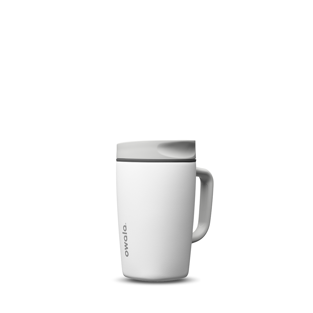 SmoothSip Slider with Handle 12oz in Shy Marshmallow, bright white body with light gray slider lid and white handle