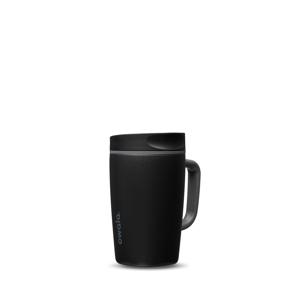 SmoothSip Slider with Handle 12oz in Very, Very Dark, matte black body with dark charcoal slider lid and black handle