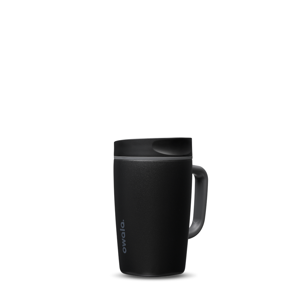 SmoothSip Slider with Handle 12oz in Very, Very Dark, matte black body with dark charcoal slider lid and black handle