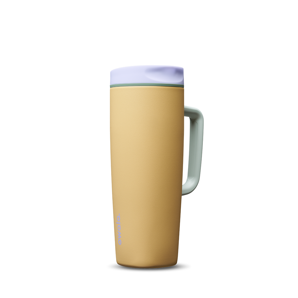SmoothSip Slider with Handle 24oz in Beachfront, golden yellow insulated mug with lavender slider lid, mint green handle, and lavender slider button