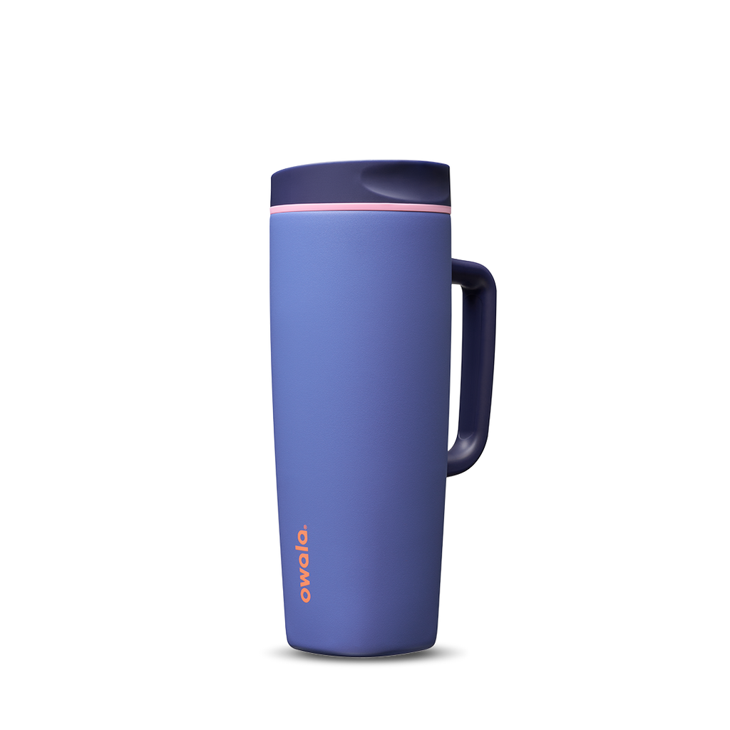 SmoothSip Slider with Handle 24oz in Blue Jay, periwinkle blue body with navy slider lid, navy handle, and coral slider button