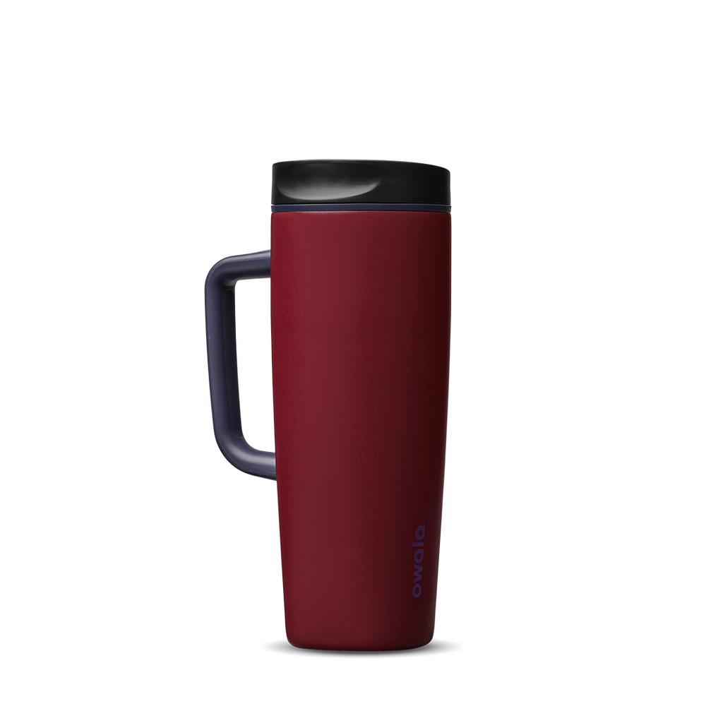 SmoothSip Slider with Handle 24oz in Burgundy Bay, deep burgundy red insulated mug with black slider lid and dark navy handle