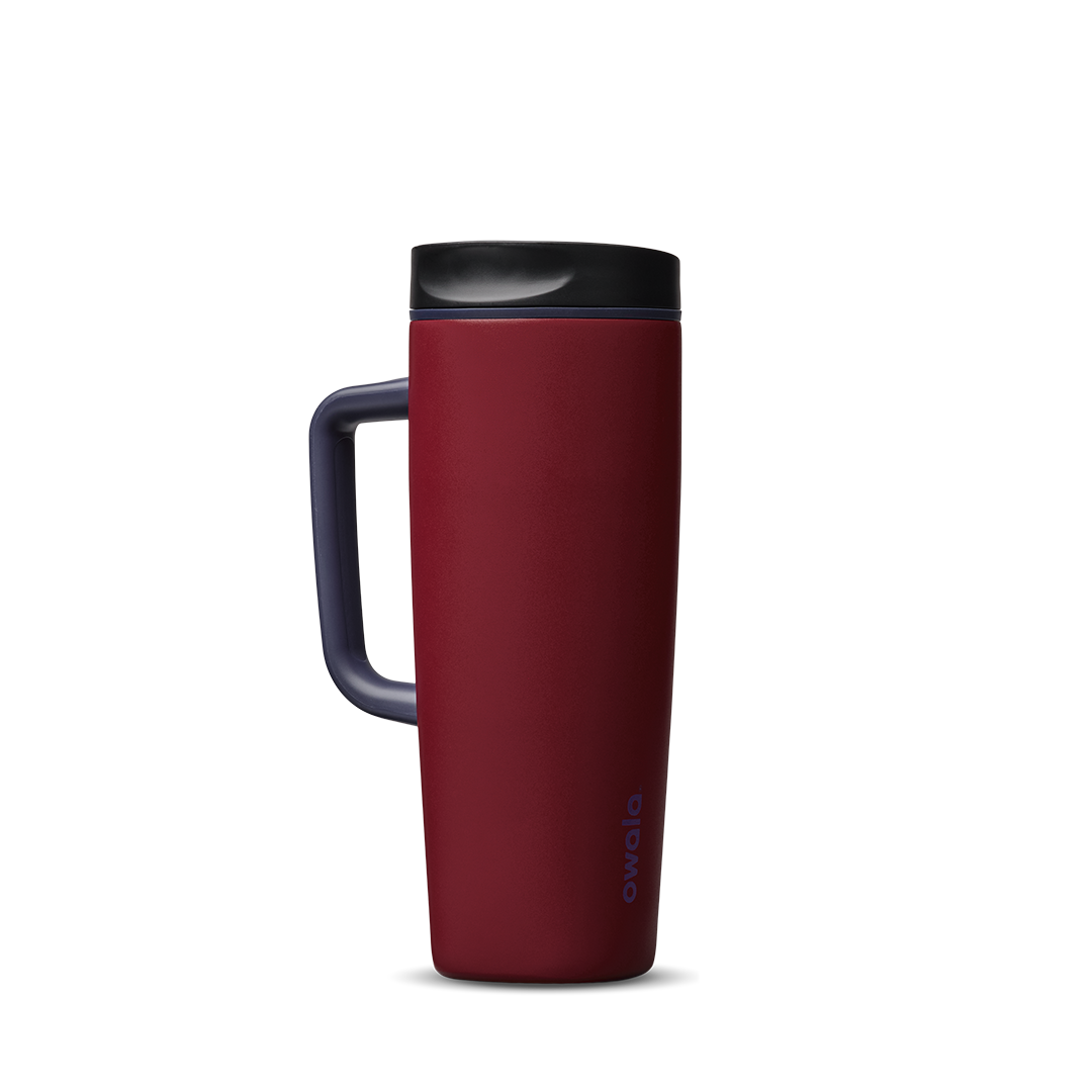 SmoothSip Slider with Handle 24oz in Burgundy Bay, deep burgundy red insulated mug with black slider lid and dark navy handle
