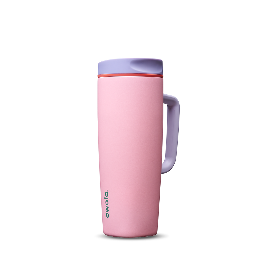 SmoothSip Slider with Handle 24oz in Sugar High, soft pink body with lavender slider lid, lavender handle, and orange slider button