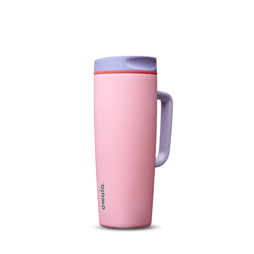 SmoothSip Slider with Handle 24oz in Sugar High, soft pink body with lavender slider lid, lavender handle, and orange slider button