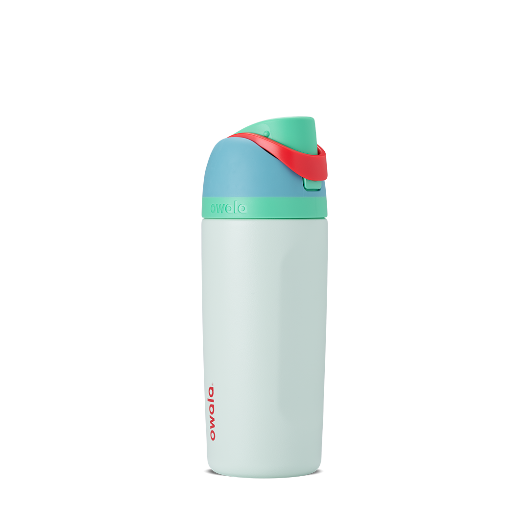 Kids FreeSip 16oz in Rainforest, pale mint green insulated bottle with teal flip cap, red carry loop accent, and teal lid
