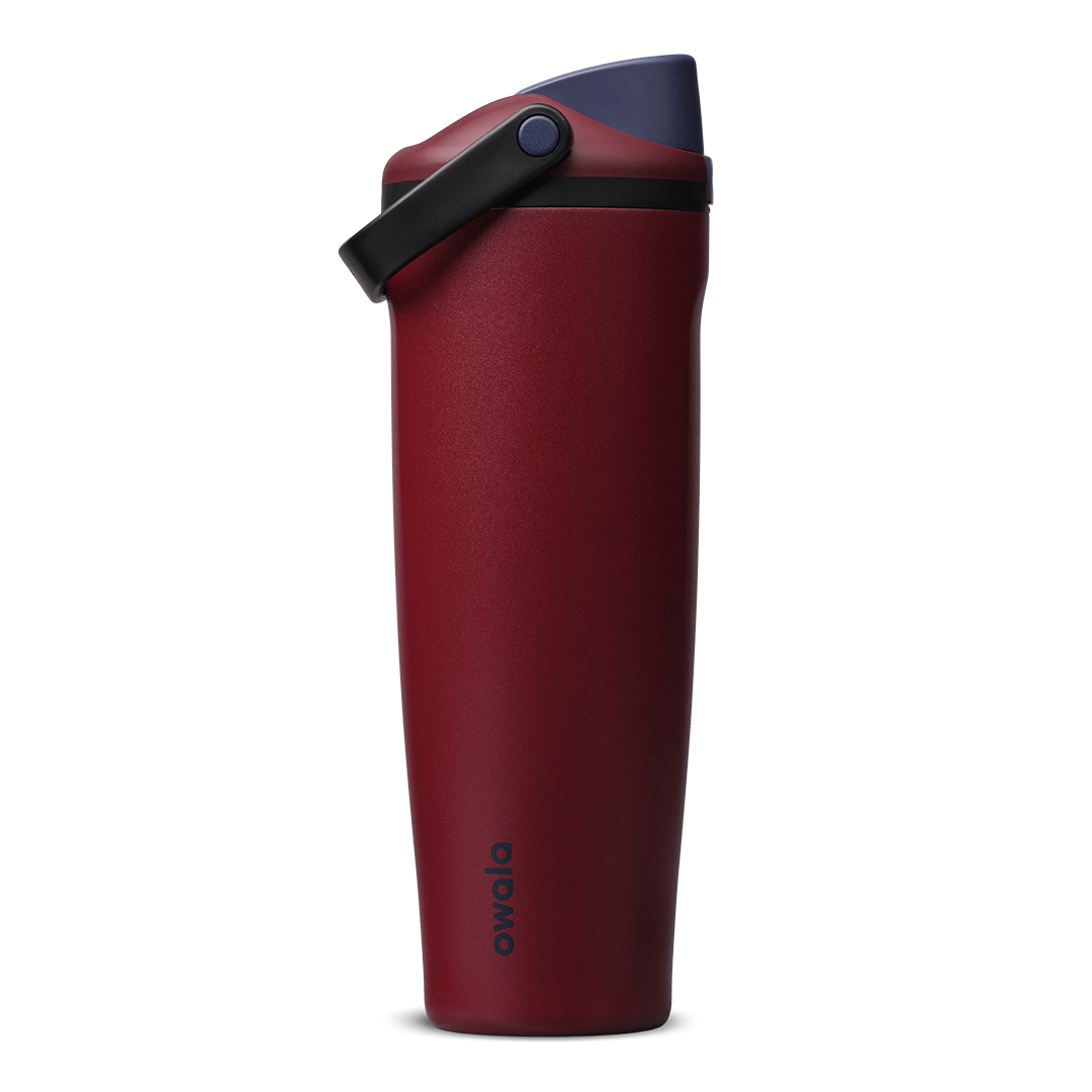 FreeSip Sway 40oz in Burgundy Bay, deep burgundy red insulated water bottle with navy blue flip cap and black carry loop, lid open