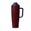 FreeSip Tumbler 40oz Burgundy Bay, deep burgundy red body with matching burgundy flip cap, navy blue push-button and lid, black accent band, and navy blue handle