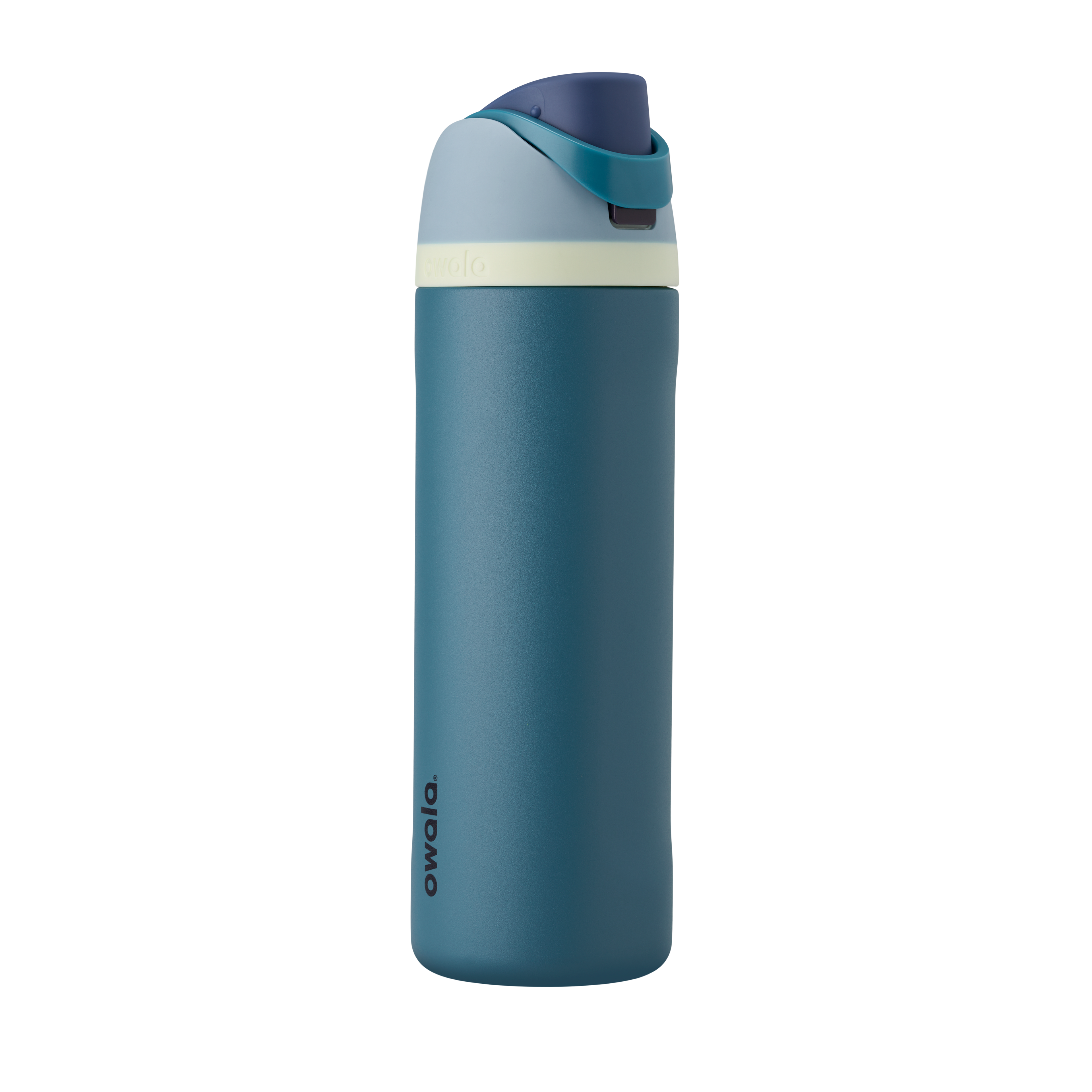 FreeSip 24oz in Denim, muted teal blue insulated bottle with dusty navy flip cap and pale cream accent band