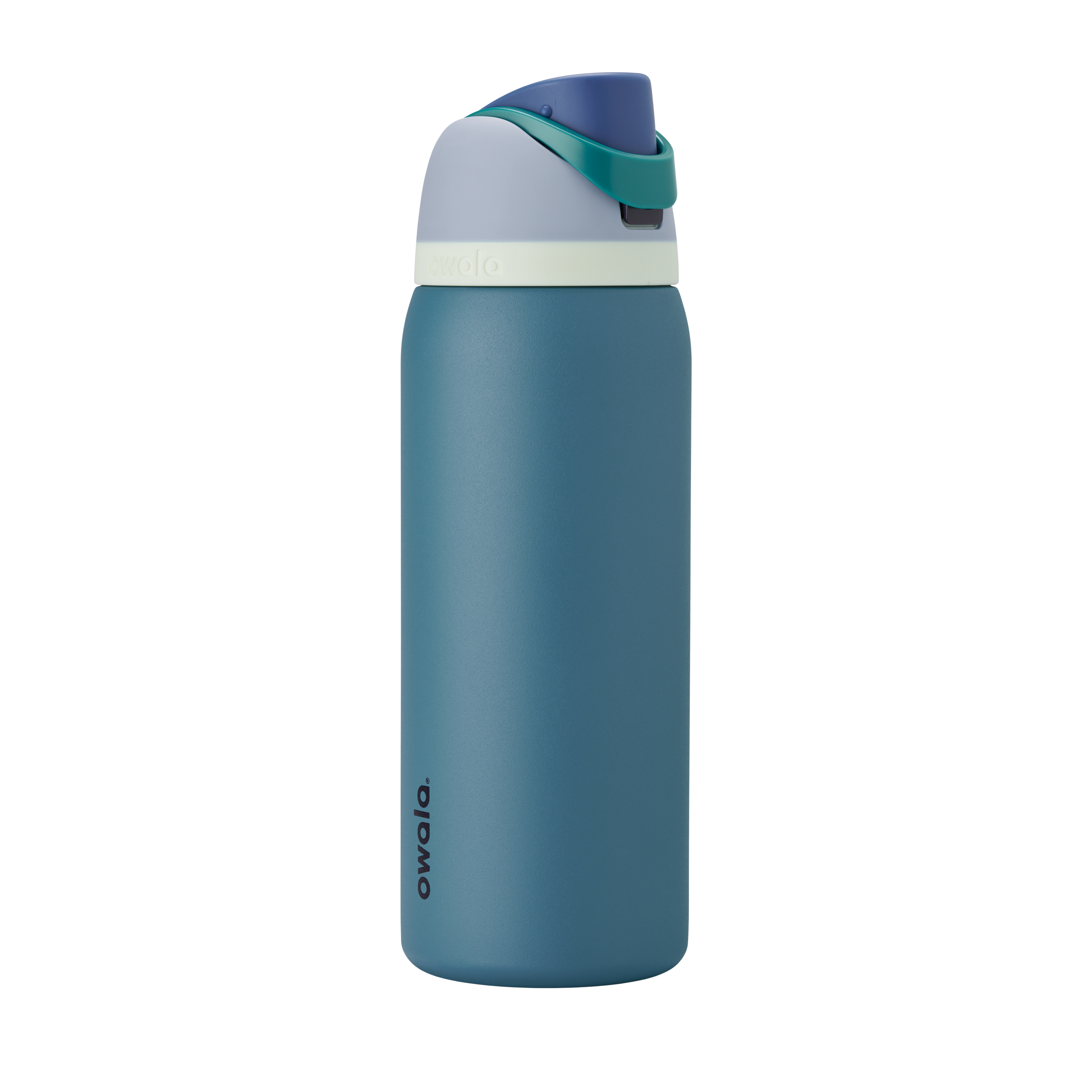 FreeSip 32oz in Denim, muted teal blue insulated bottle with dusty navy flip cap and pale cream accent band