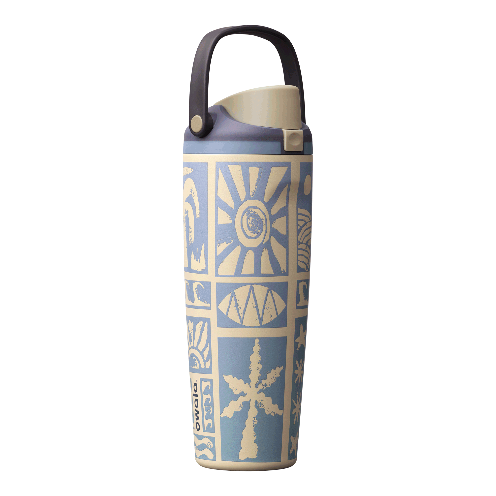 Owala Birthday Bash 40oz FreeSip Sway Vintage Surf; cornflower blue and cream body with bold retro sun, diamond, and geometric tile block-print pattern, cream flip cap and leather carry loop
