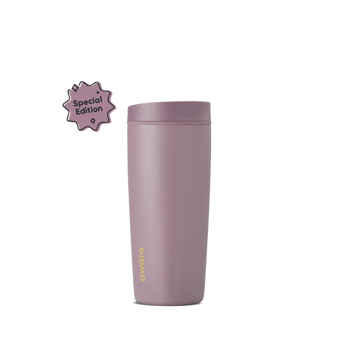 SmoothSip Slider 20oz in Spring Revival, dusty mauve-purple insulated cup with matching lid, gold Owala logo