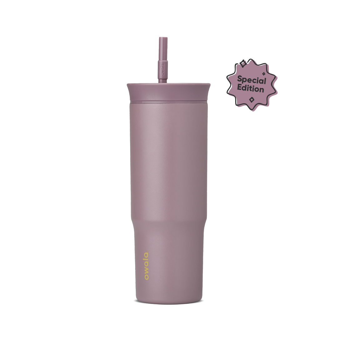 Tumbler 24oz in Spring Revival, dusty mauve-purple insulated cup with matching straw lid and built-in straw, gold Owala logo