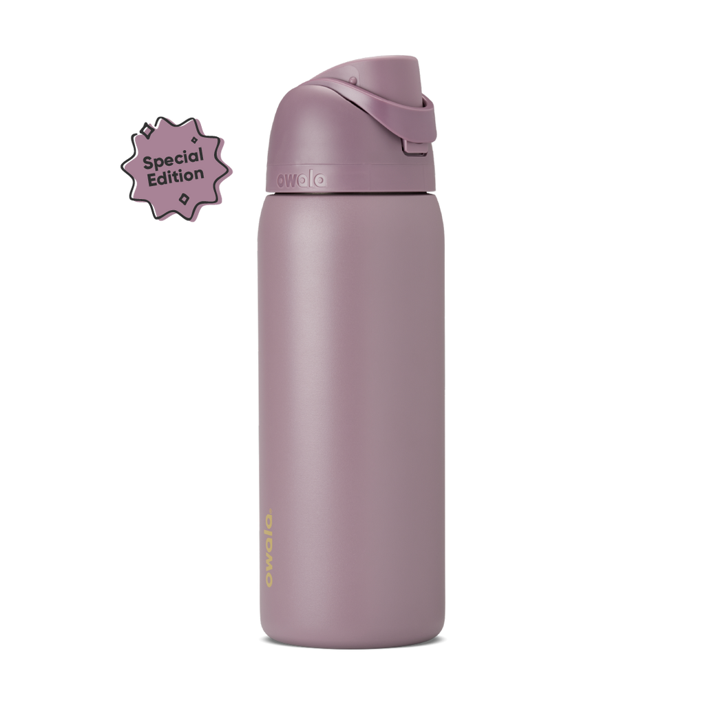 FreeSip 32oz in Spring Revival, dusty mauve-purple insulated bottle with matching flip cap and carry loop, gold Owala logo