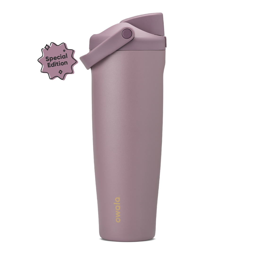 FreeSip Sway 40oz in Spring Revival, dusty mauve-purple insulated bottle with matching flip cap and carry loop, gold Owala logo