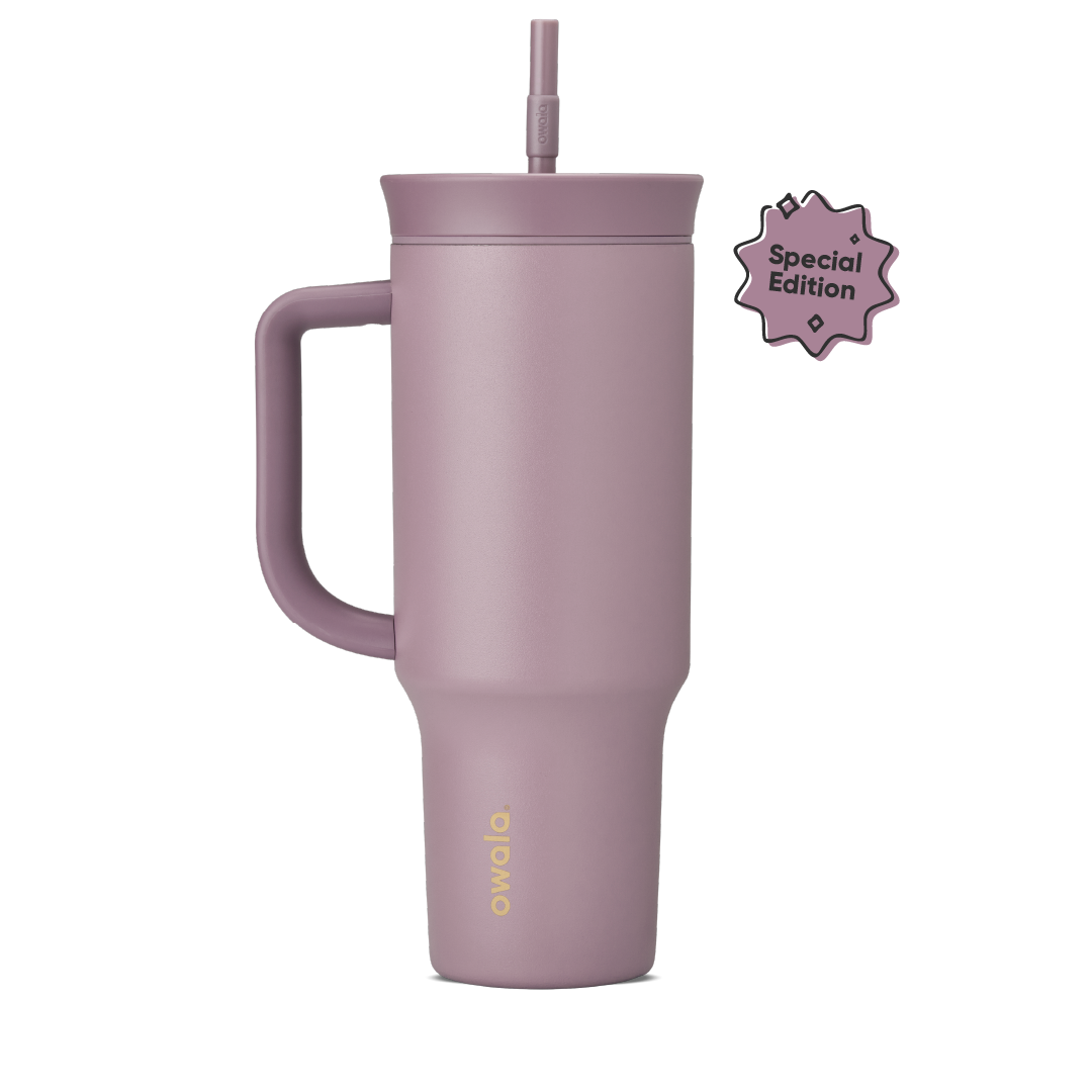 Tumbler 40oz in Spring Revival, dusty mauve-purple insulated cup with matching side handle, straw lid, and built-in straw, gold Owala logo