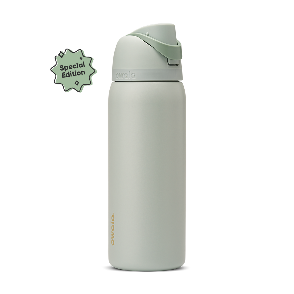 FreeSip 32oz Summer Paradise; soft sage green body with matching sage flip cap and carry loop