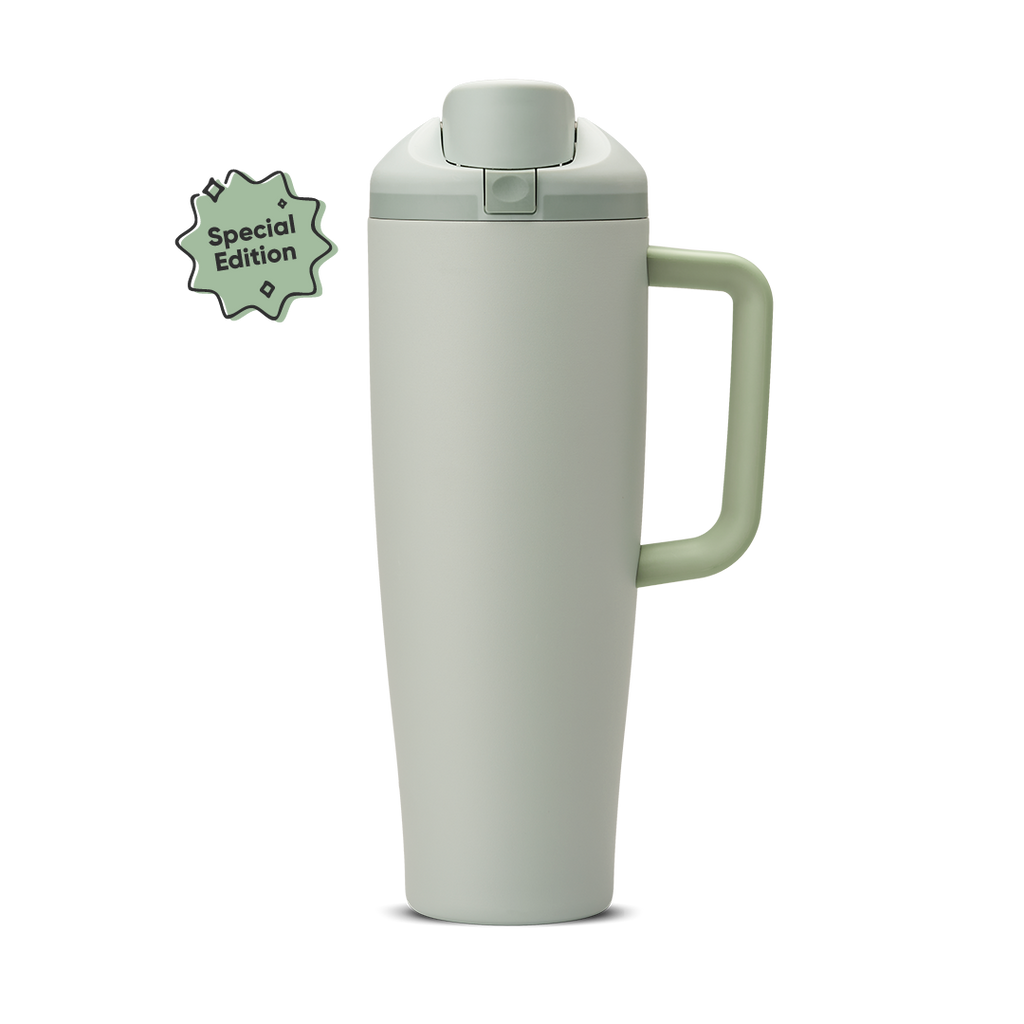 FreeSip Tumbler 40oz Summer Paradise; soft sage green body with matching sage flip cap, sage lid, and sage handle