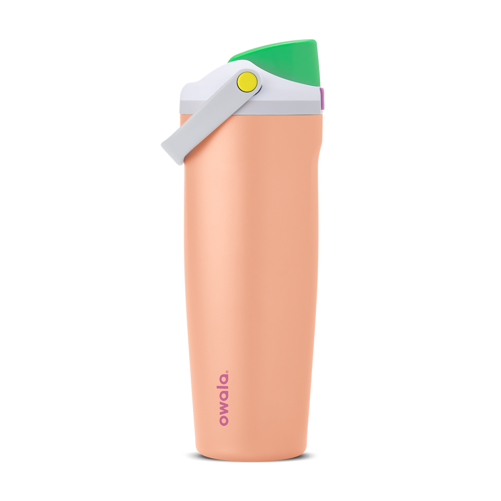 FreeSip Sway 30oz in Peachy Keen, peach orange insulated water bottle with bright green flip cap, white-grey carry loop, lavender lid accent ring and yellow push-button, lid open