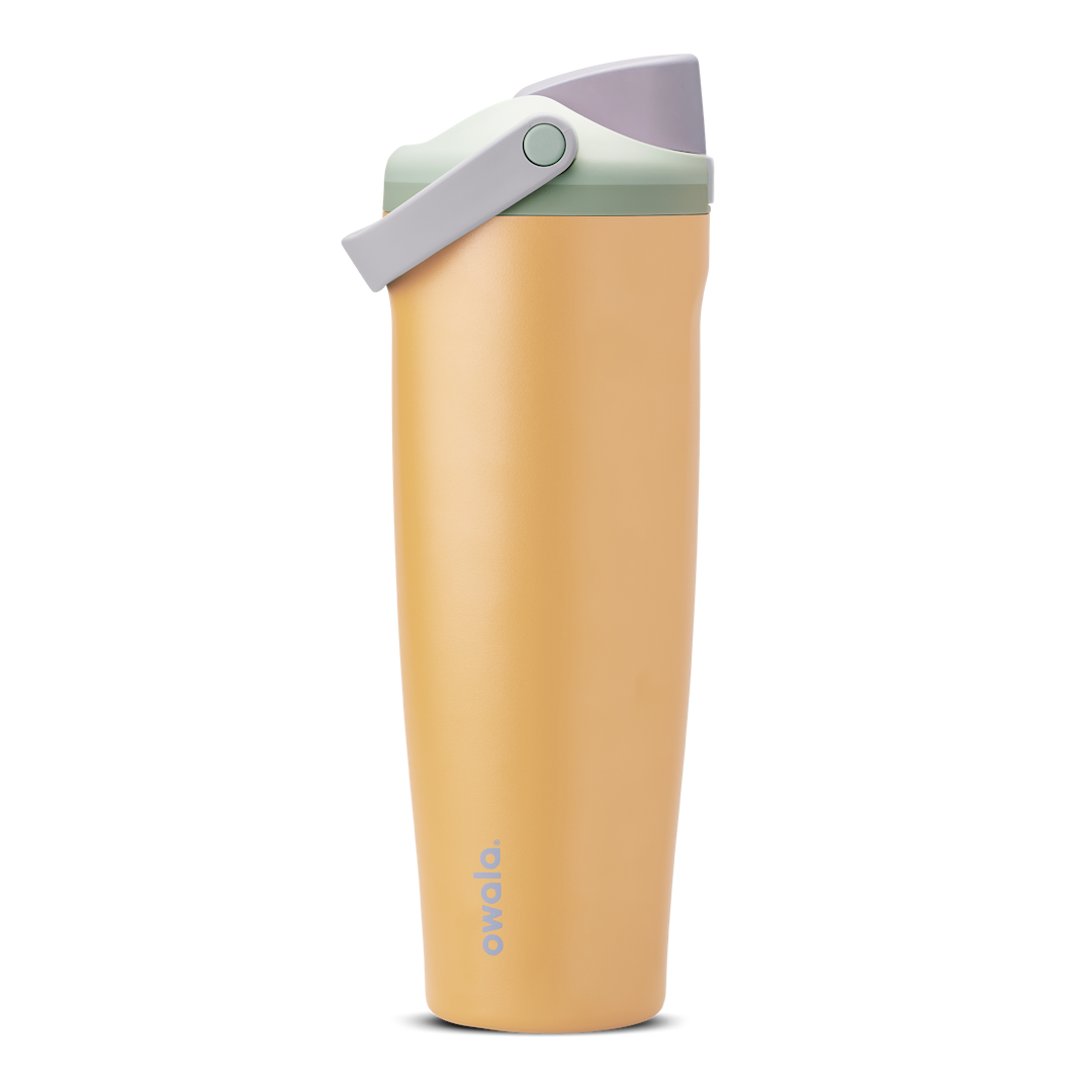 FreeSip Sway 40oz in Beachfront, golden yellow insulated water bottle with lavender flip cap, light grey carry loop, sage green lid accent ring and green push-button, lid open