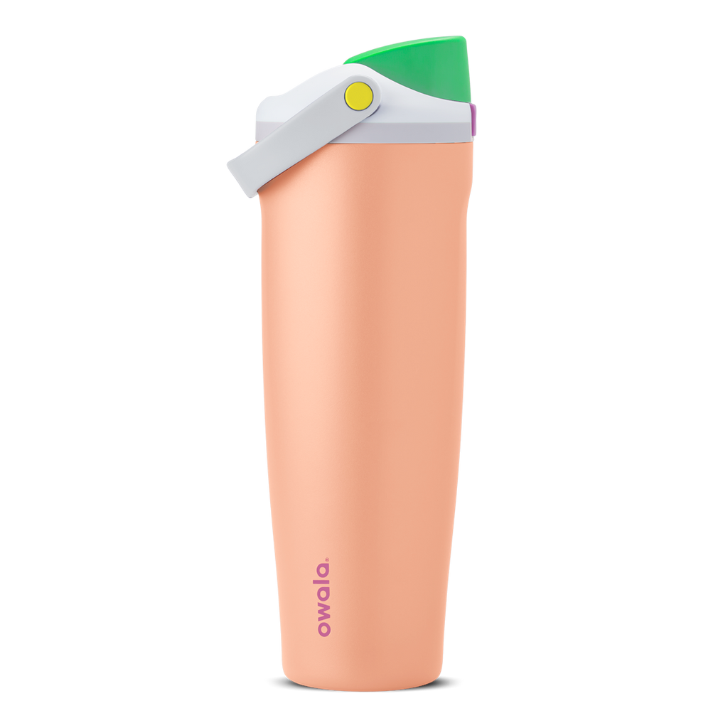 FreeSip Sway 40oz in Peachy Keen, peach orange insulated water bottle with bright green flip cap, white-grey carry loop, lavender lid accent ring and yellow push-button, lid open