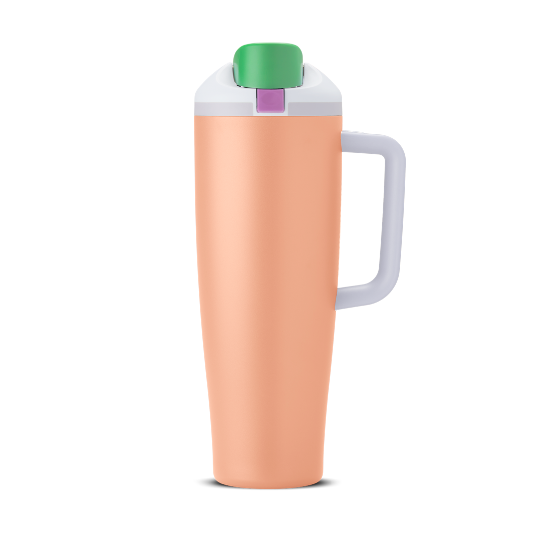 FreeSip Tumbler 40oz Peachy Keen, peach orange body with green flip cap, purple push-button, white lid, and white handle