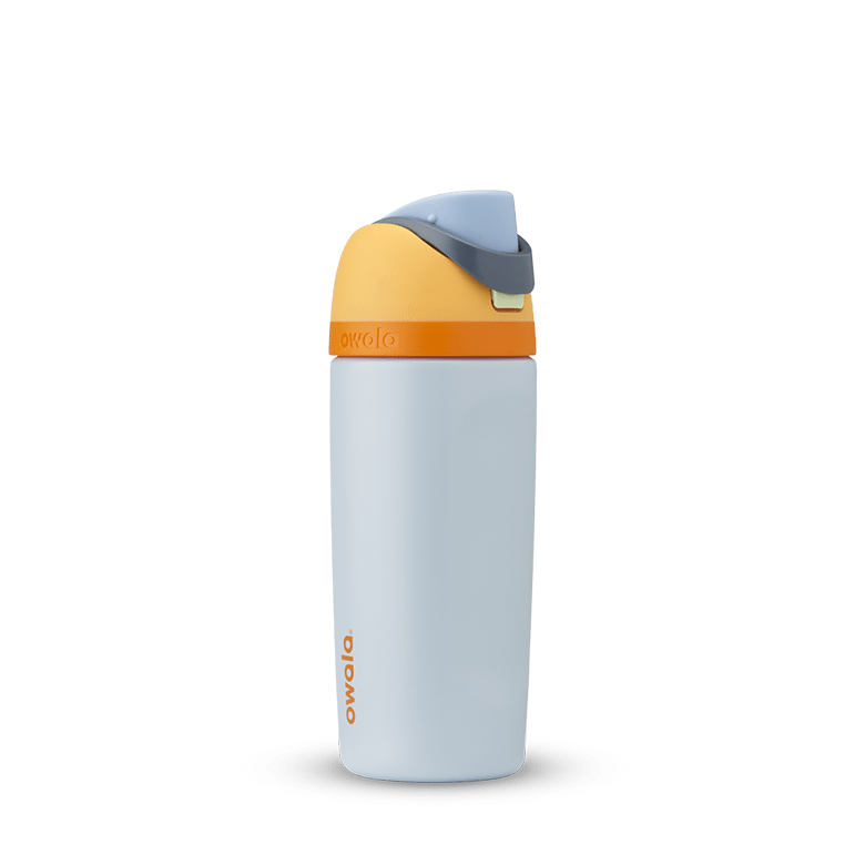 Owala Kids' FreeSip in Day Dreams — pale light blue body with yellow-orange and gray lid accents