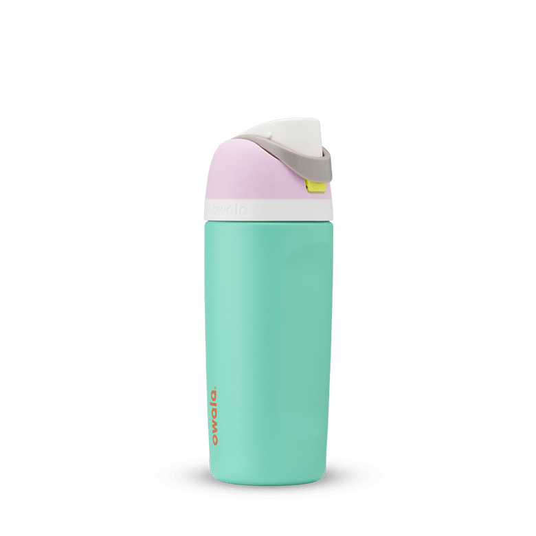 Kids FreeSip 16oz in Make Waves, mint green insulated bottle with white accent band, lavender purple lid, white flip cap, and gray carry loop