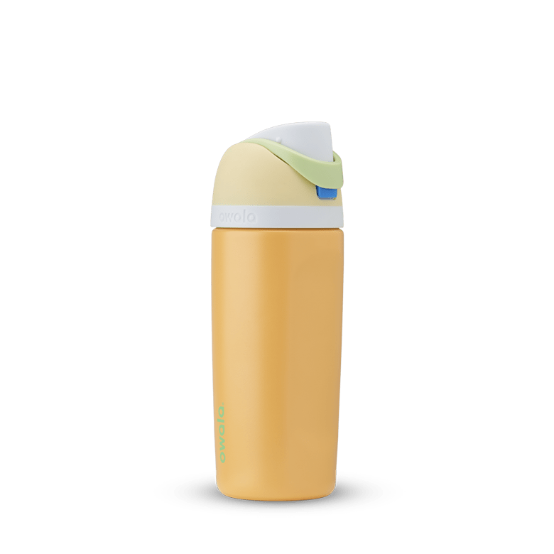 Kids FreeSip 16oz in Treasure Hunt, golden orange insulated bottle with white accent band, pale yellow lid, white flip cap, and lime green carry loop