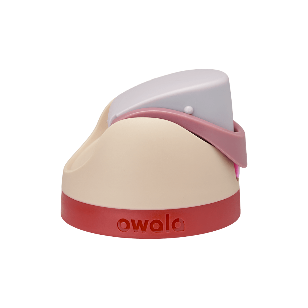 Owala FreeSip replacement lid in Can You See Me?, cream beige body with light lavender flip cap, dusty pink carry loop, and red accent band