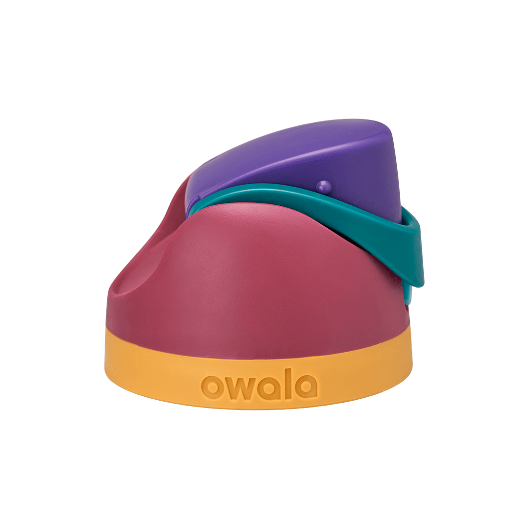 Owala FreeSip replacement lid in Gemstone Chic, deep magenta body with purple flip cap, teal carry loop, and orange base accent band