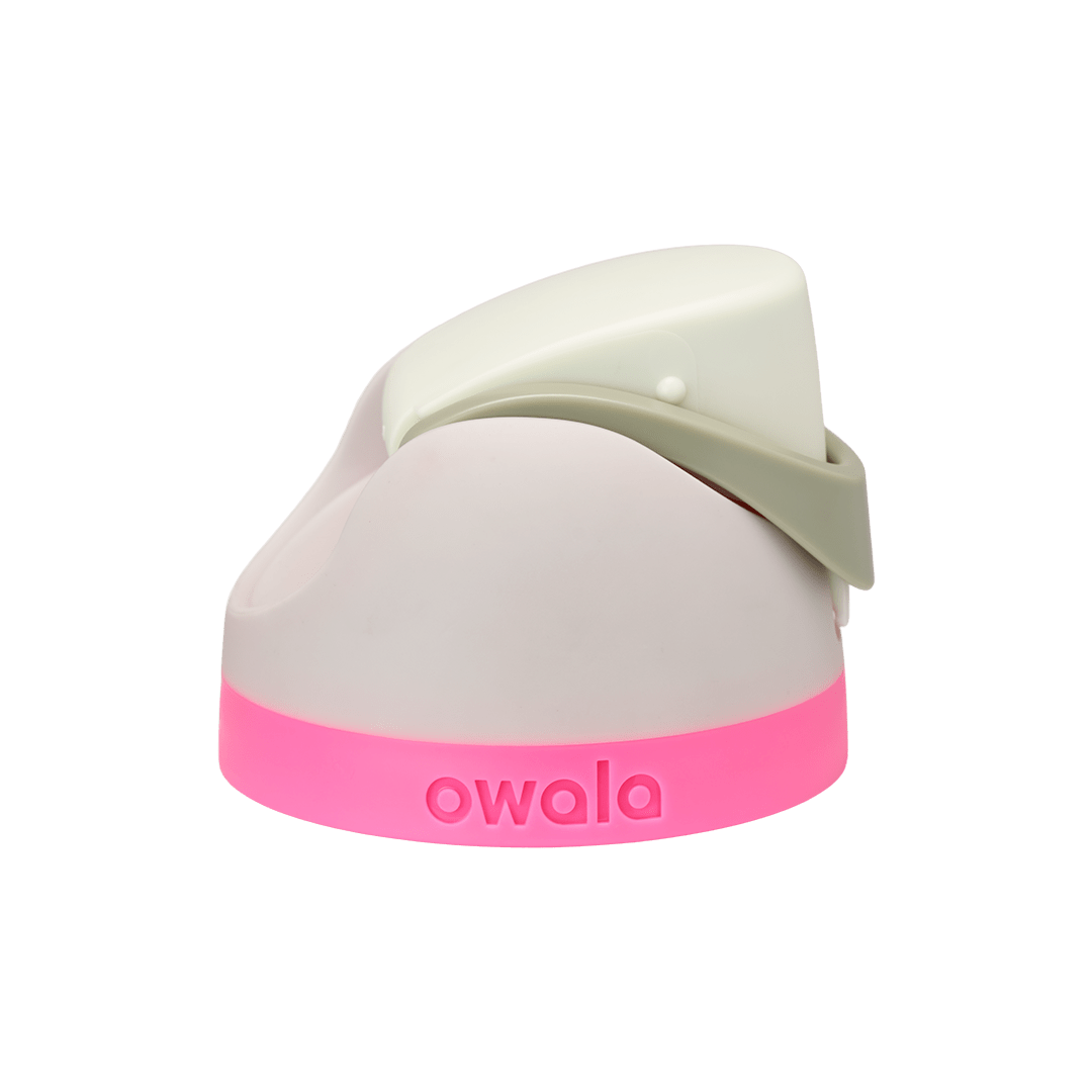 Owala FreeSip replacement lid in Neo Sage, light lavender body with sage green flip cap and carry loop and bright pink base accent band
