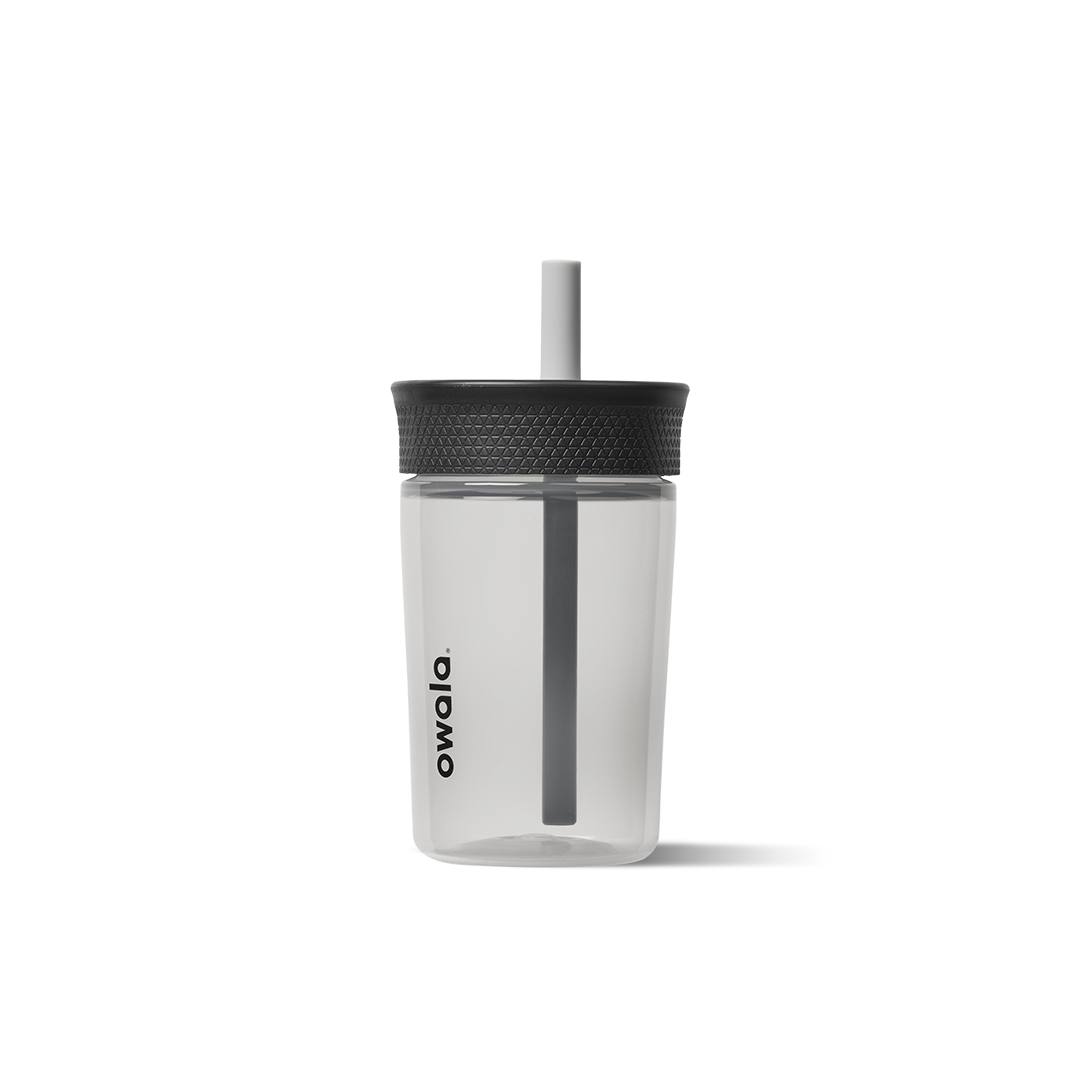 Kids Tumbler 15oz in Fin-Tastic Grey, clear transparent body with dark grey accent panel and dark grey lid with white straw