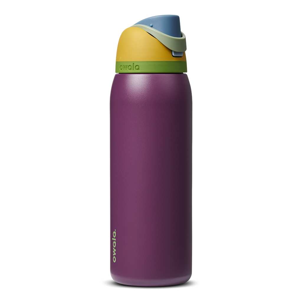 FreeSip 40oz in JazzFest, deep purple violet body with mustard yellow flip cap, blue and green accent details
