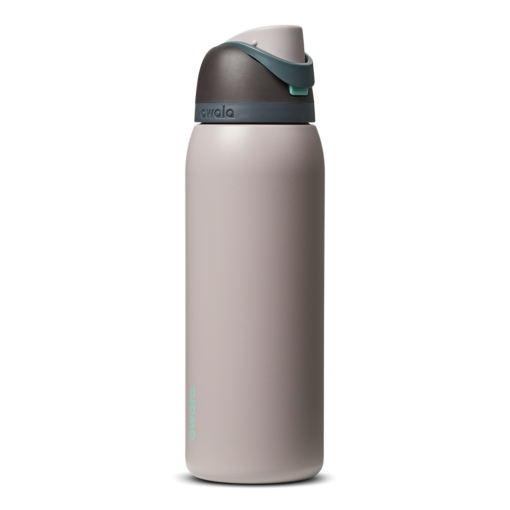 FreeSip 40oz in Neon Moon, light grey stone body with dark charcoal flip cap and teal accent detail