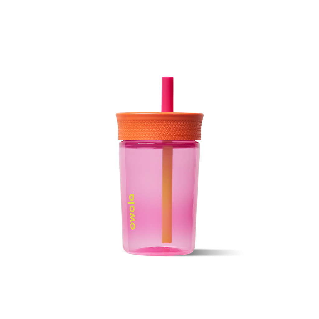 Kids Tumbler 15oz in A-Parrot-Ly Pink, hot pink-magenta transparent body with orange lid and bright pink straw