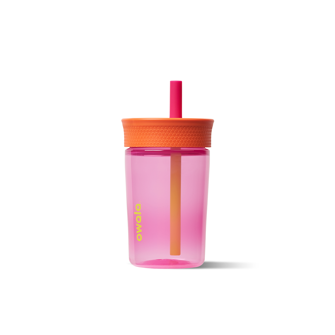 Kids Tumbler 15oz in A-Parrot-Ly Pink, hot pink-magenta transparent body with orange lid and bright pink straw