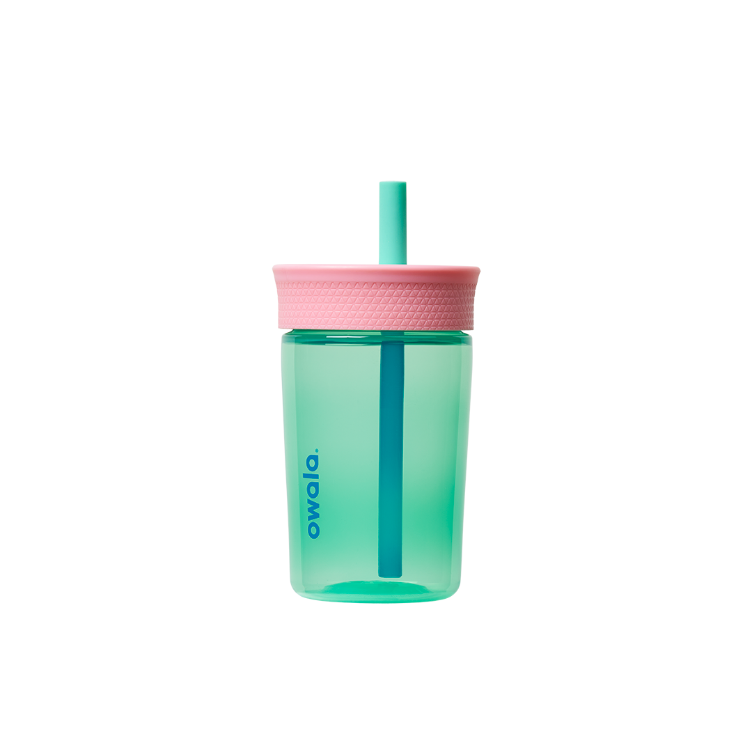 Kids Tumbler 15oz in Reel Cool Fish, mint teal transparent body with pink lid and mint straw
