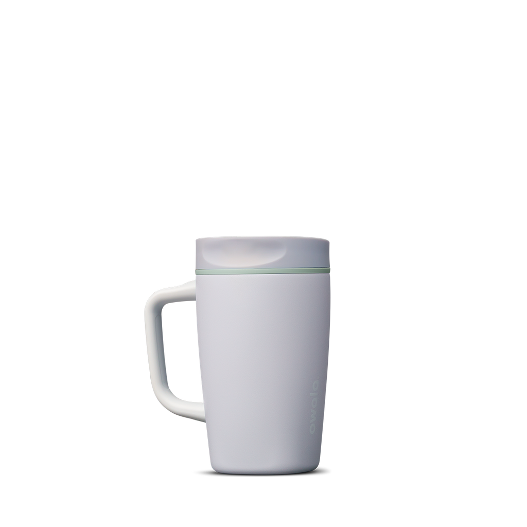 SmoothSip Slider with Handle 12oz in Open Air, pale lavender-grey insulated mug with matching slider lid, sage green accent ring, and white handle